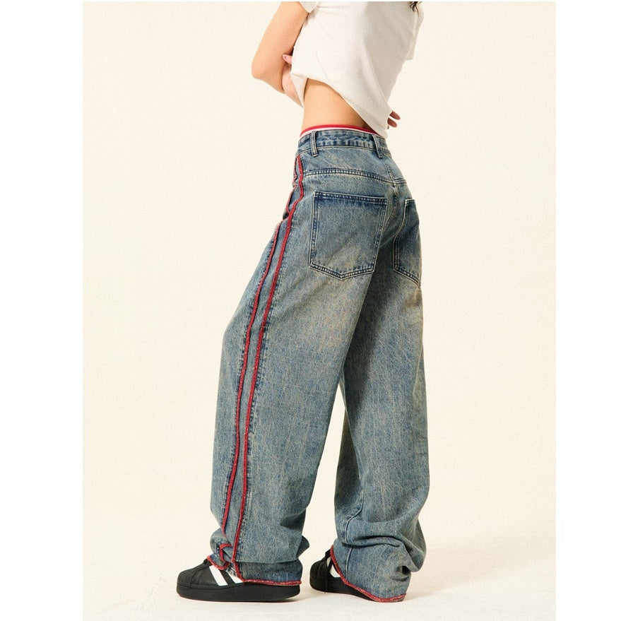 Side Parallel Bar Stitching Loose Straight Jeans YS7005