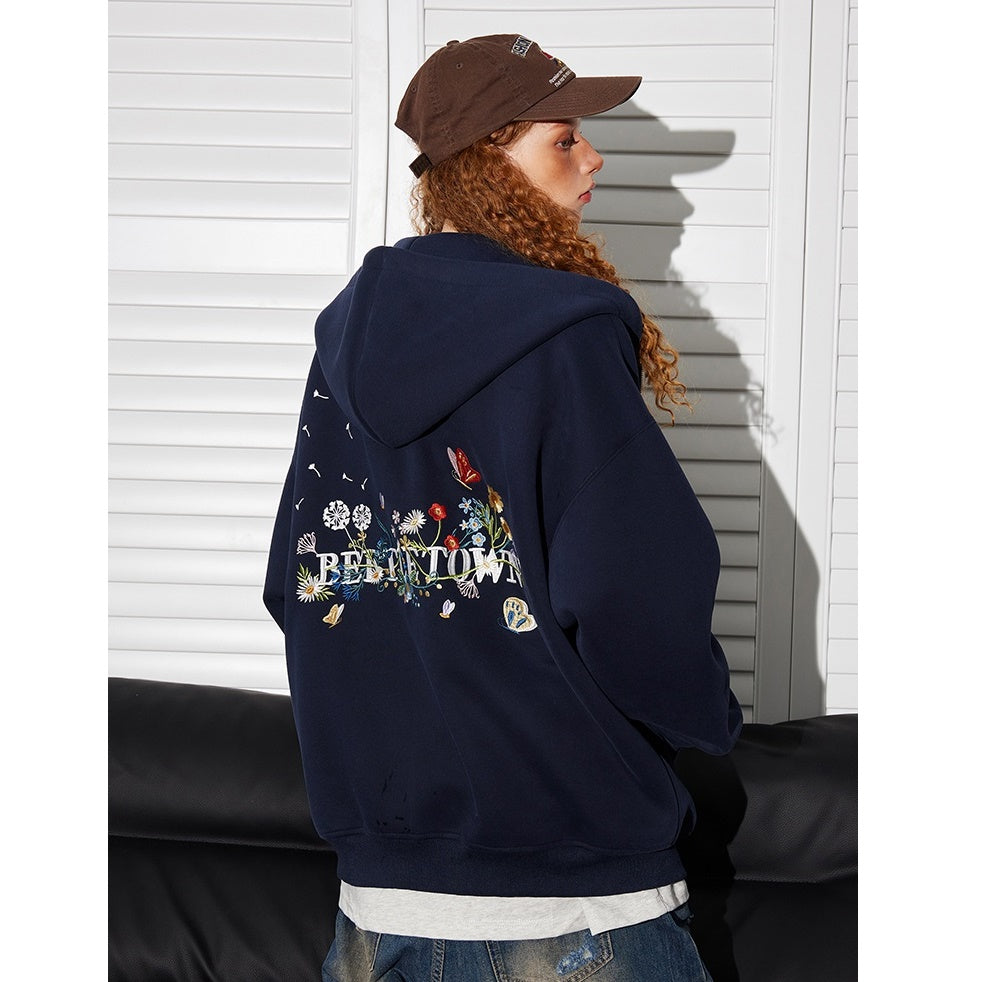 Back Floral Embroidered Zip Hooded Parka BT7032