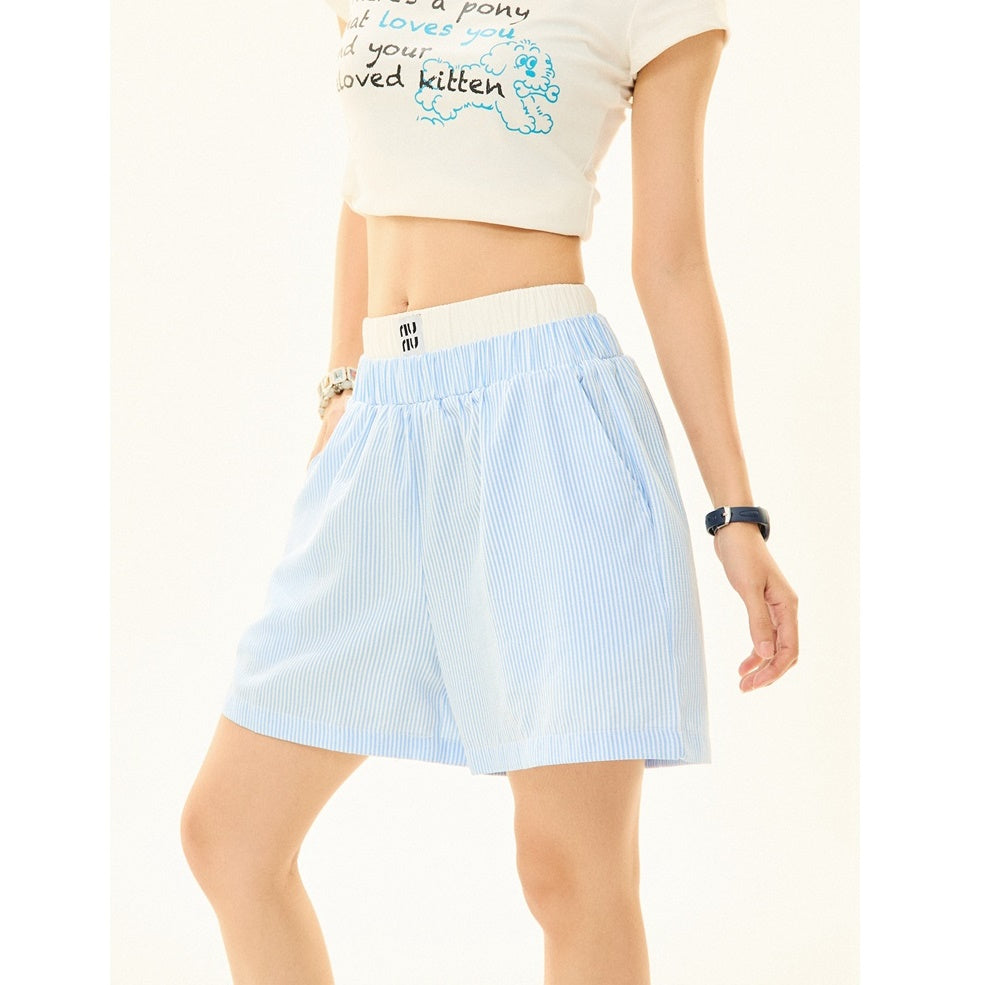 Double Waist Striped Wide-legged Long ＆ Short Pants MW9269