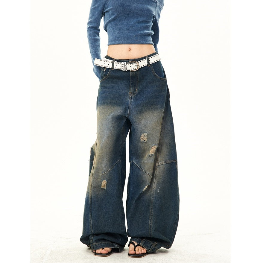 Retro Washed Ripped Stitch Design Loose Jeans YS7007