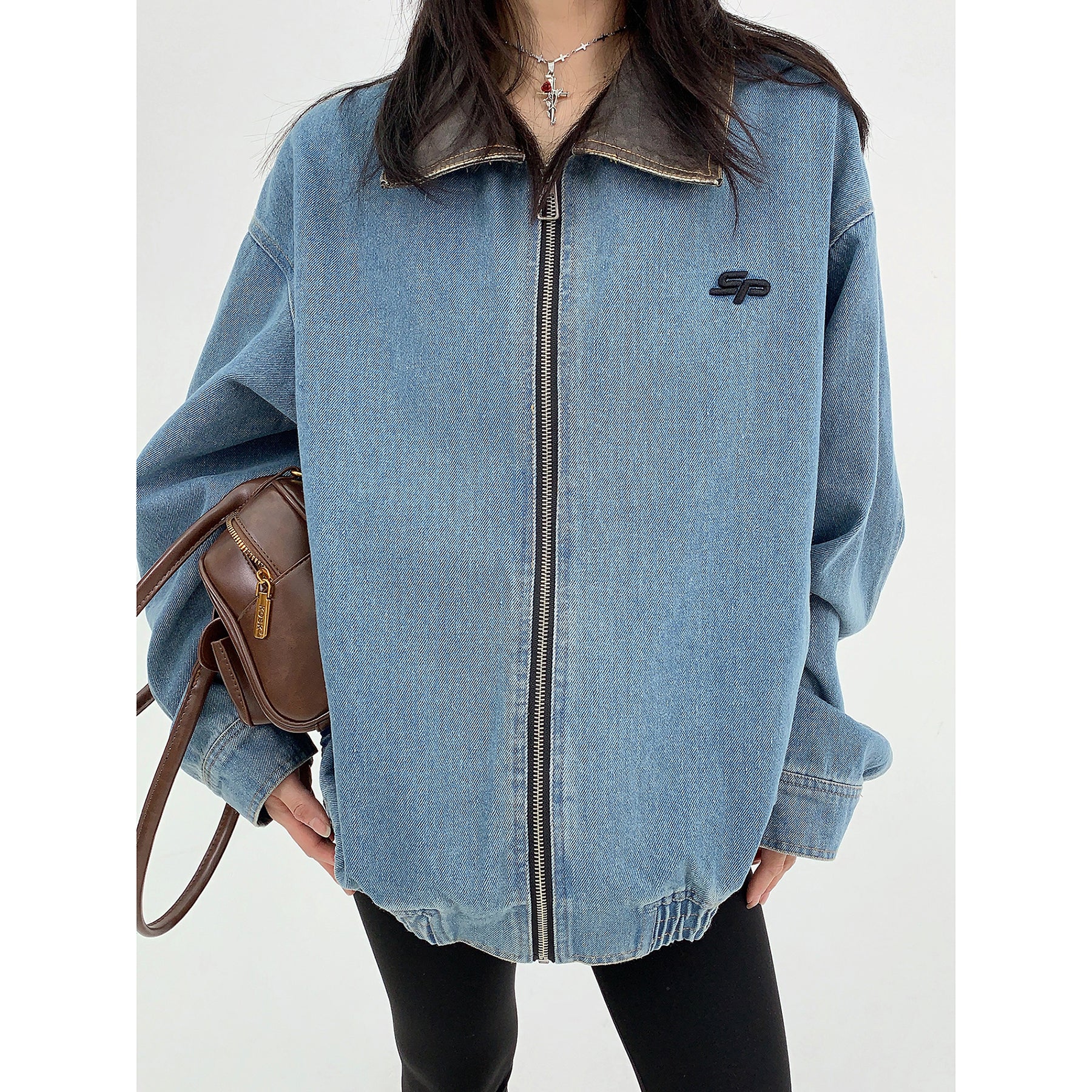 PU Leather Collar Stitched Denim Blouson MW9825