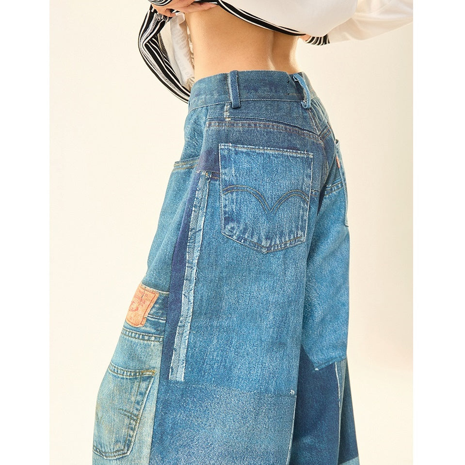 Patch Stitched Print Loose Straight Jeans MW9529