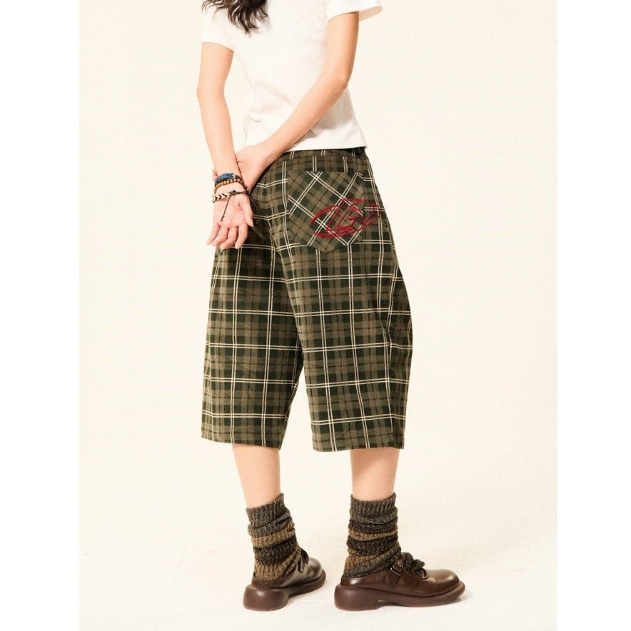 Retro Plaid Straight Leg Loose Cropped Pants YS7011