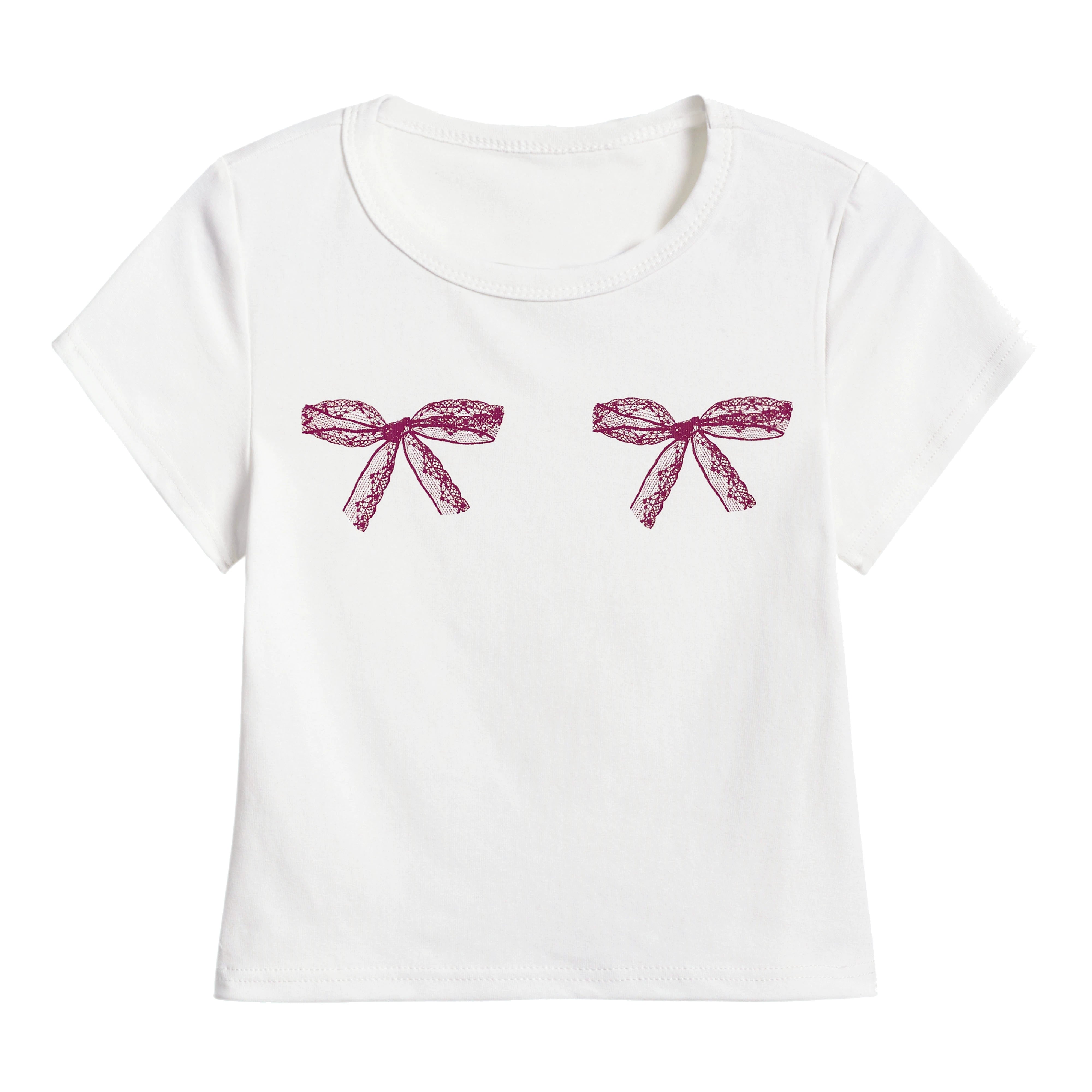 Lace Ribbon Print Slim Cropped T-shirt MW9219