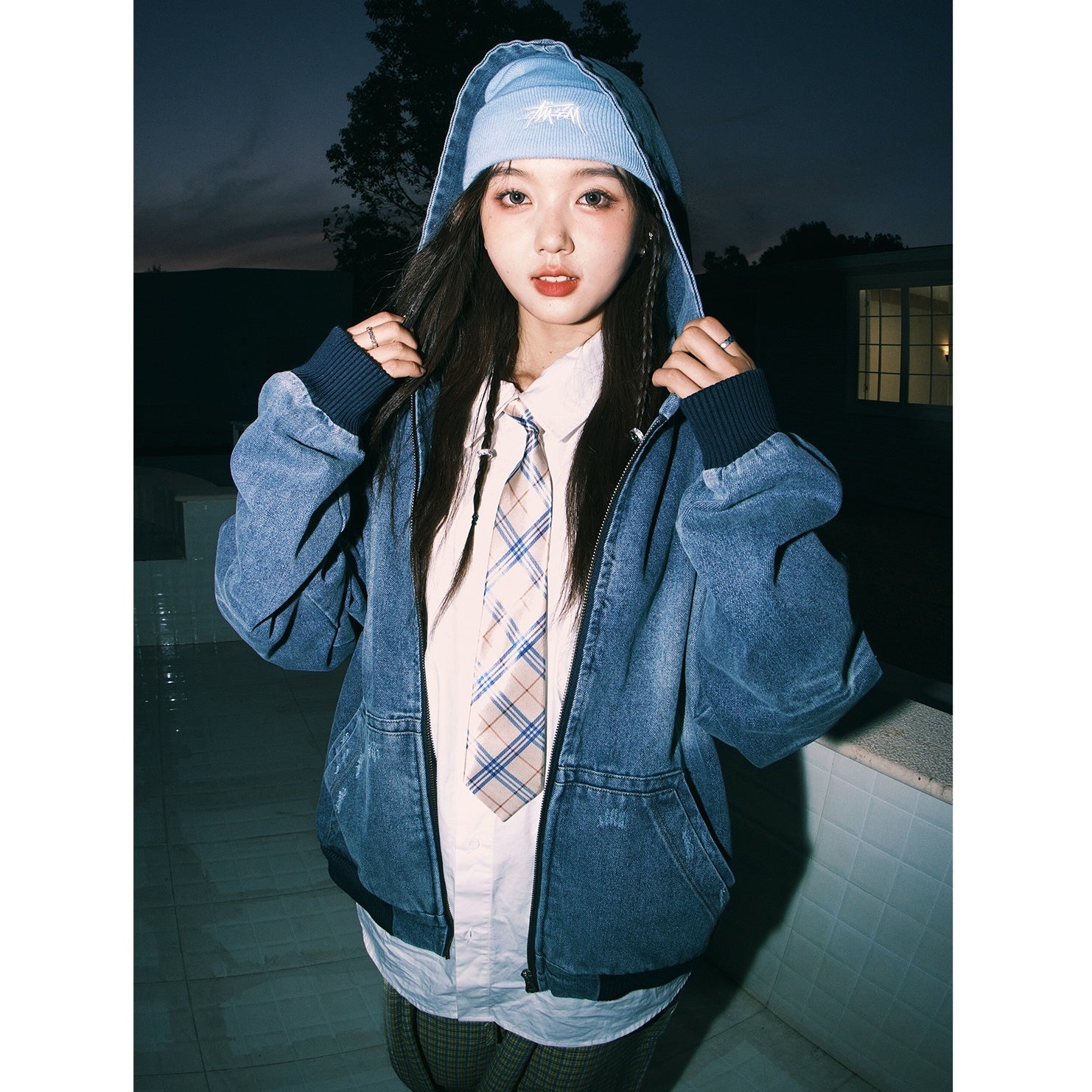 ZIP-Up Hooded Wash Denim Jacket MW9414