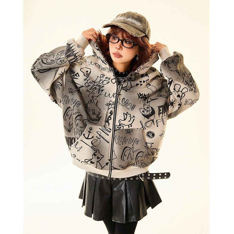 Doberman Ear Hooded Graphic Print Zip-Up Parka MW9701