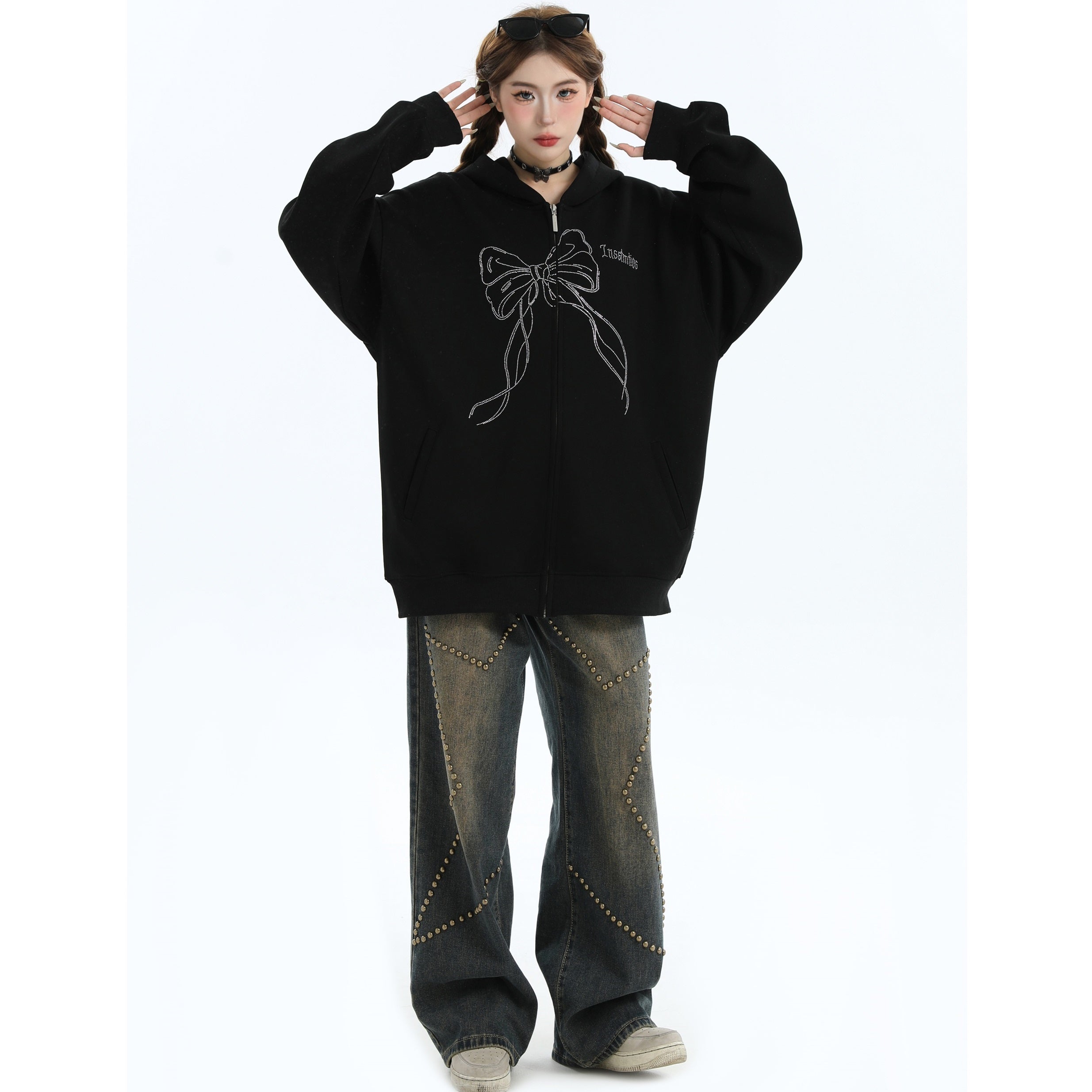 Rhinestone Bow Logo Loose Hooded Zip Parka IN7012