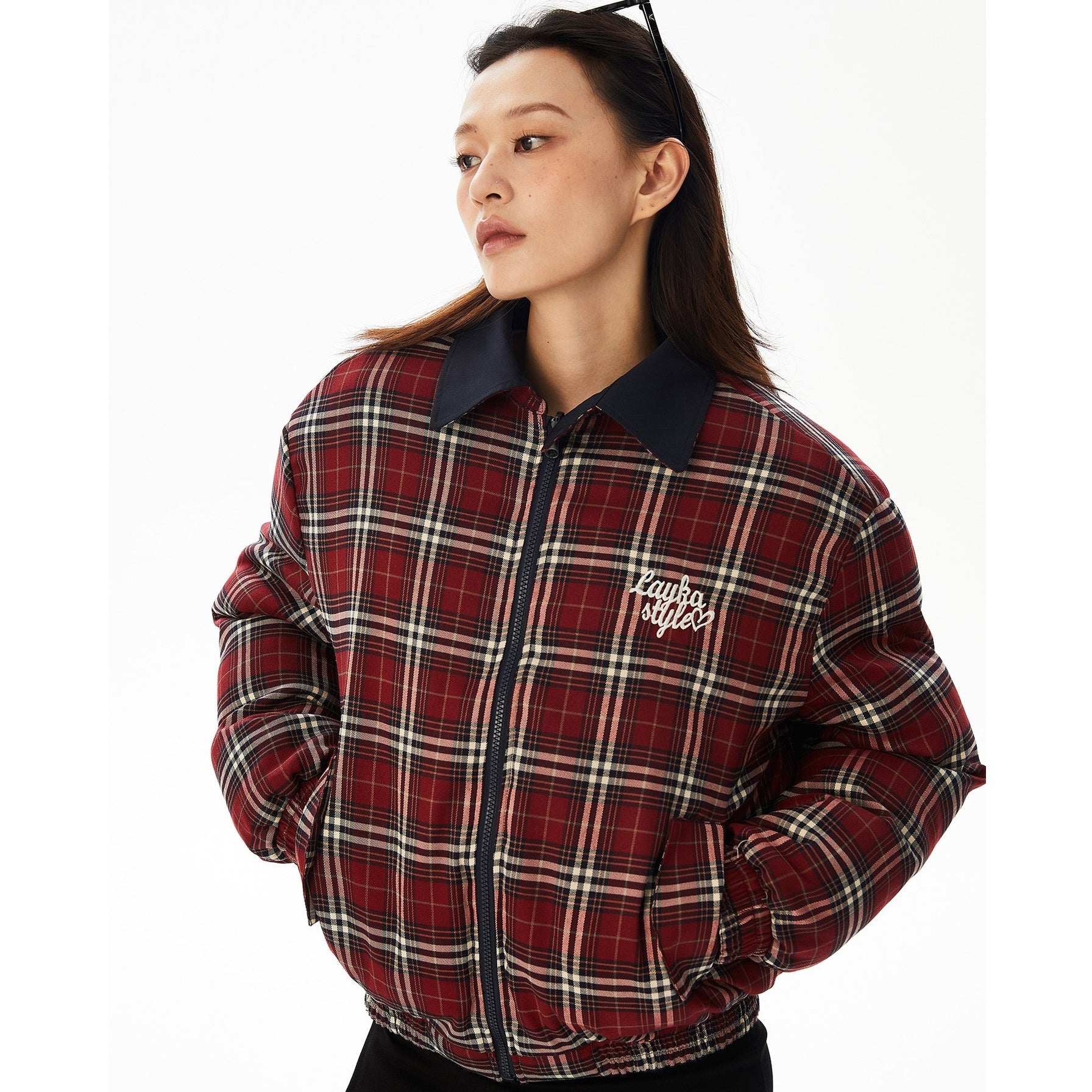 Plaid Lapel Reversible Zip-Up Padded Jacket MW9622