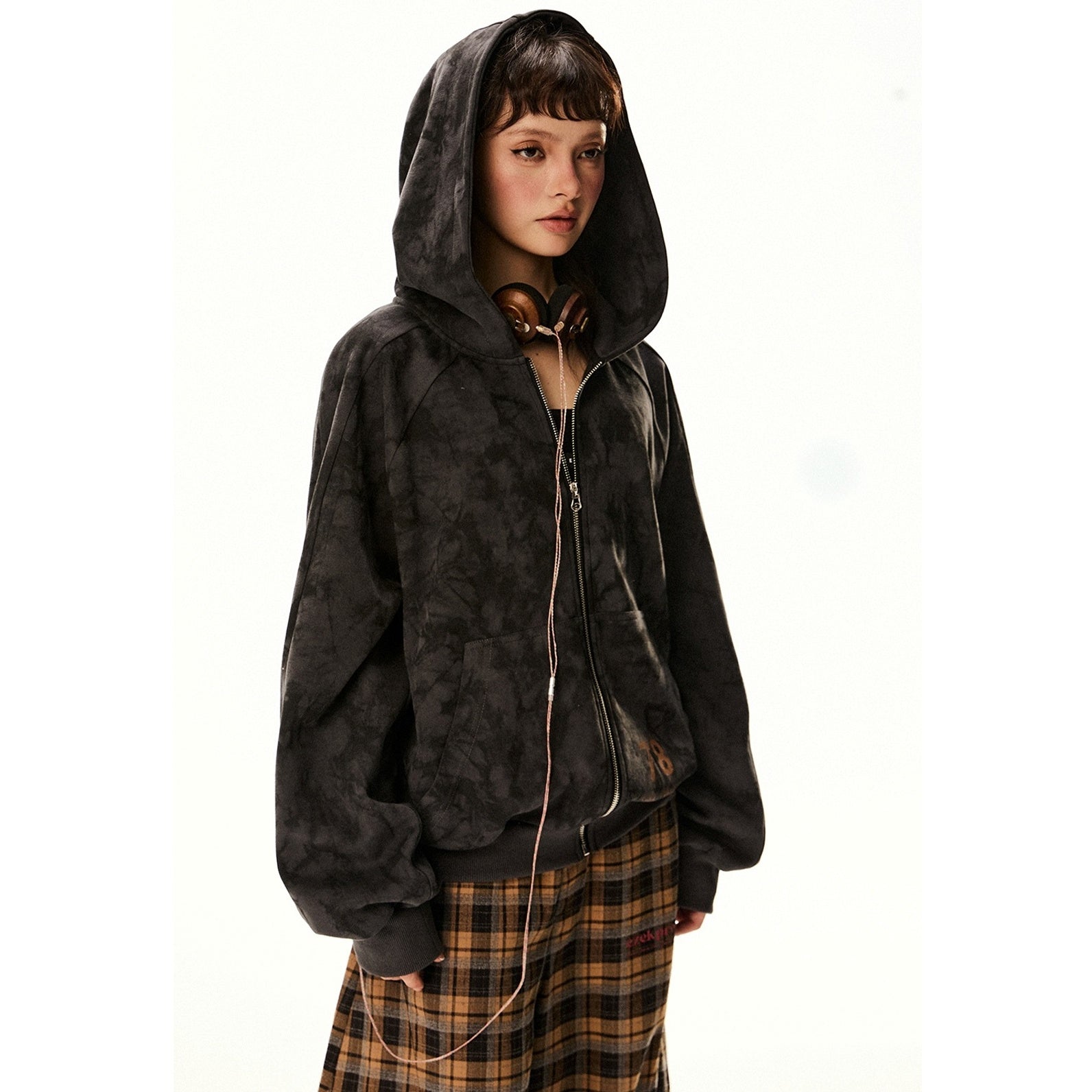 Mottled Loose ZIP-Up Hooded Parka EZ238