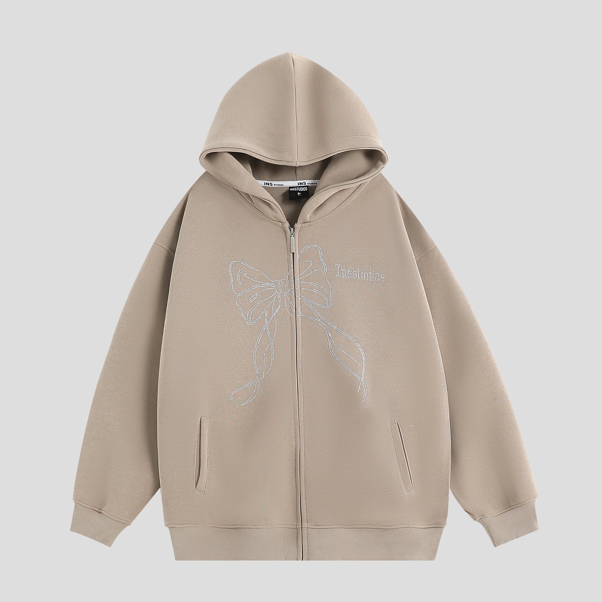 Rhinestone Bow Logo Loose Hooded Zip Parka IN7012