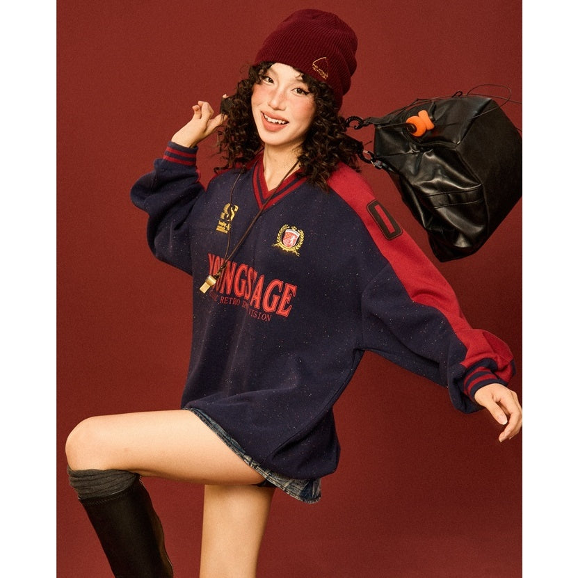 College Style V-neck Drop Shoulder Sweat MW9431