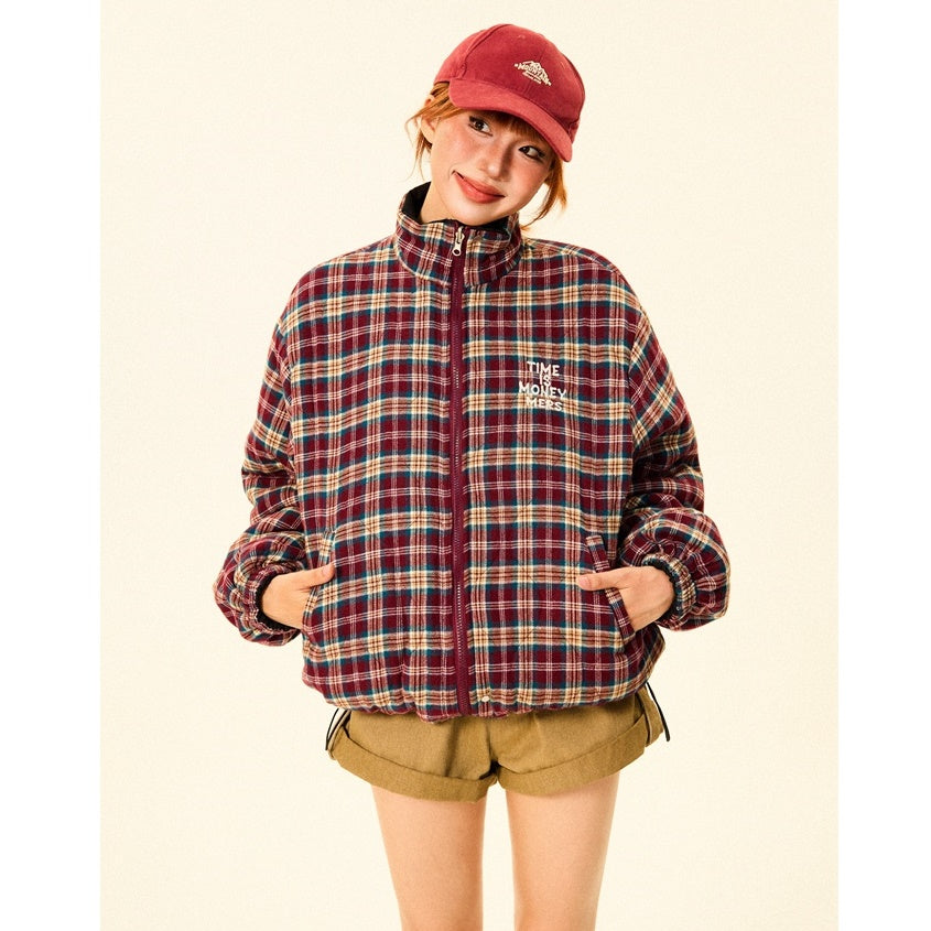 Reversible Plaid Zipper Padded Jacket MW9702