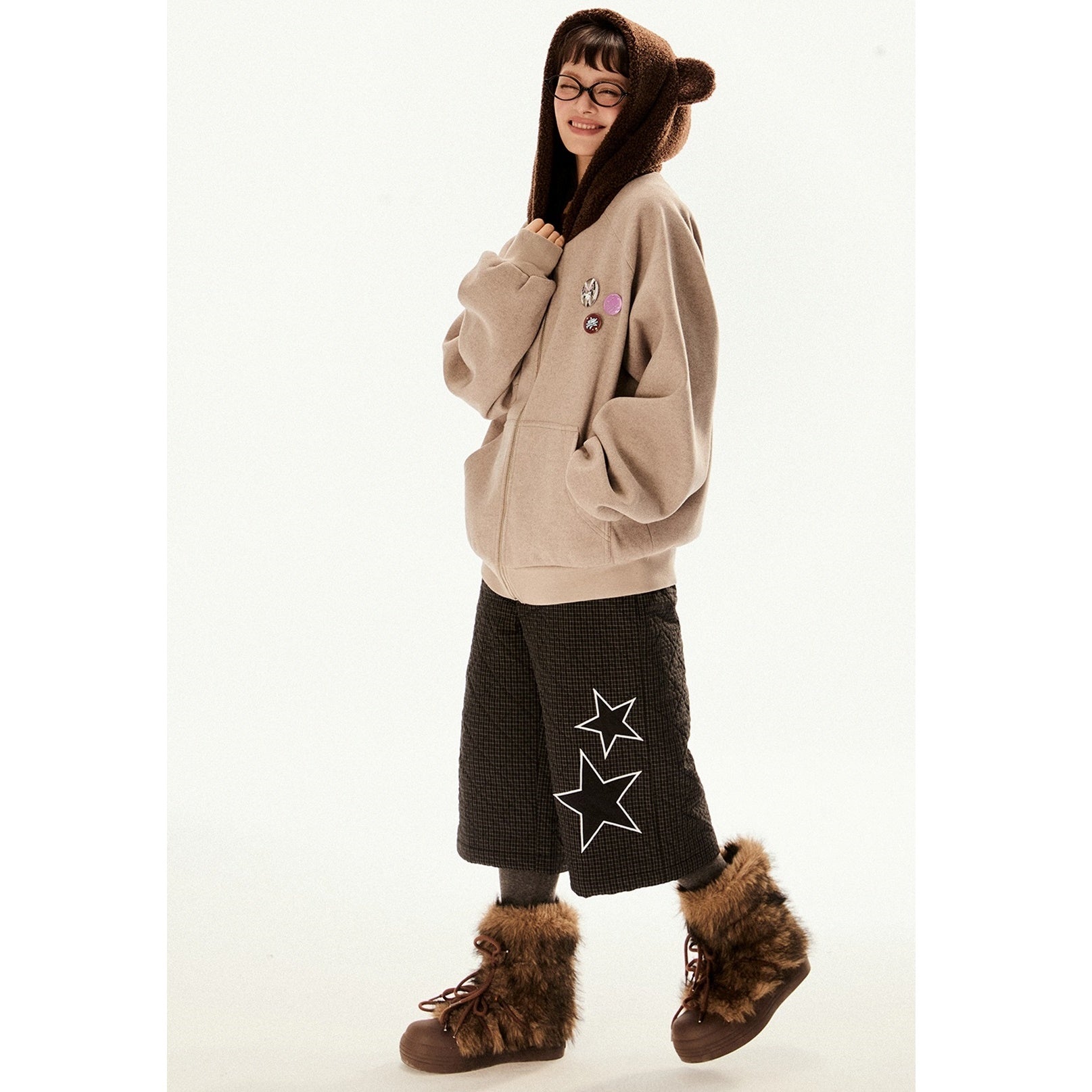 Raglan Sleeve Bear Design Hooded Zipper Jacket EZ196