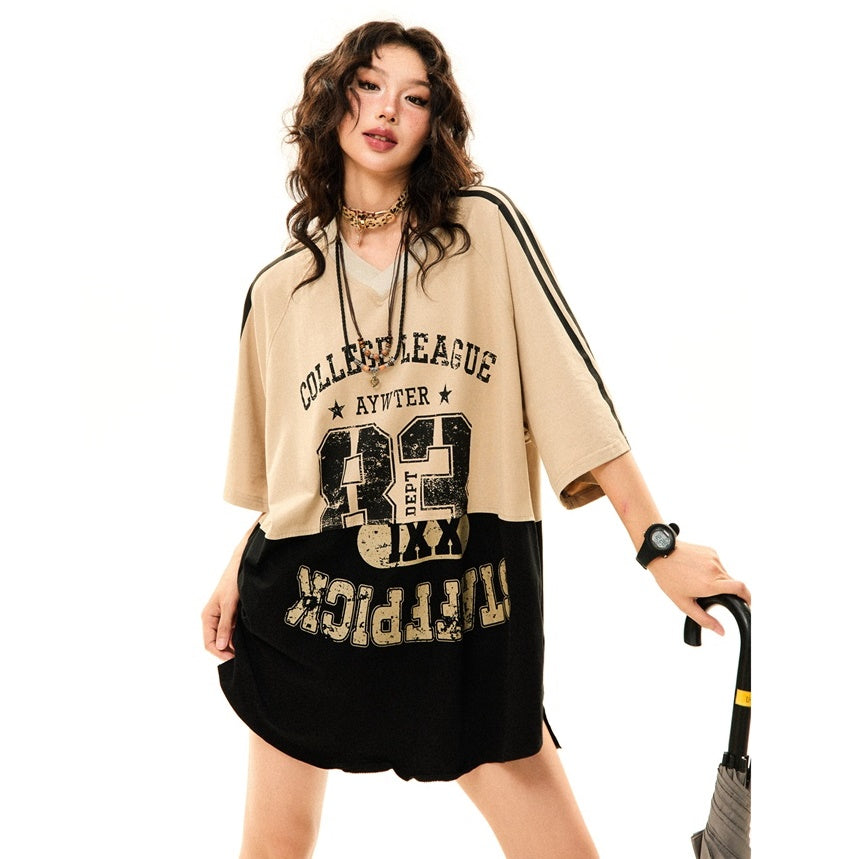 V-Neck Bicolor College Design OverSize T-shirt YS7004