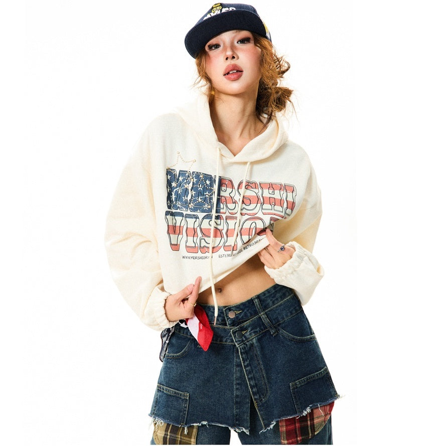 Print Cropped Wide Hoodie MW9801