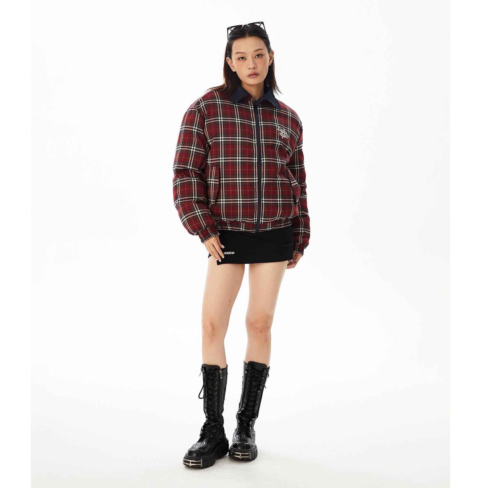 Plaid Lapel Reversible Zip-Up Padded Jacket MW9622