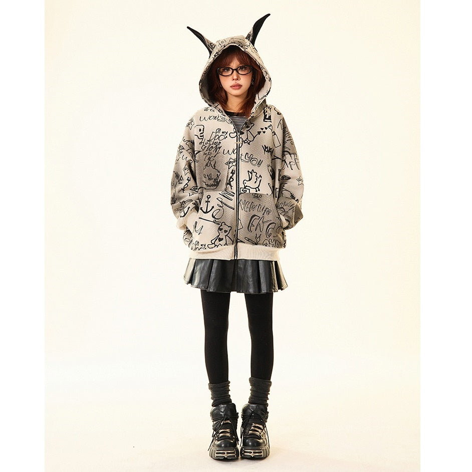 Doberman Ear Hooded Graphic Print Zip-Up Parka MW9701