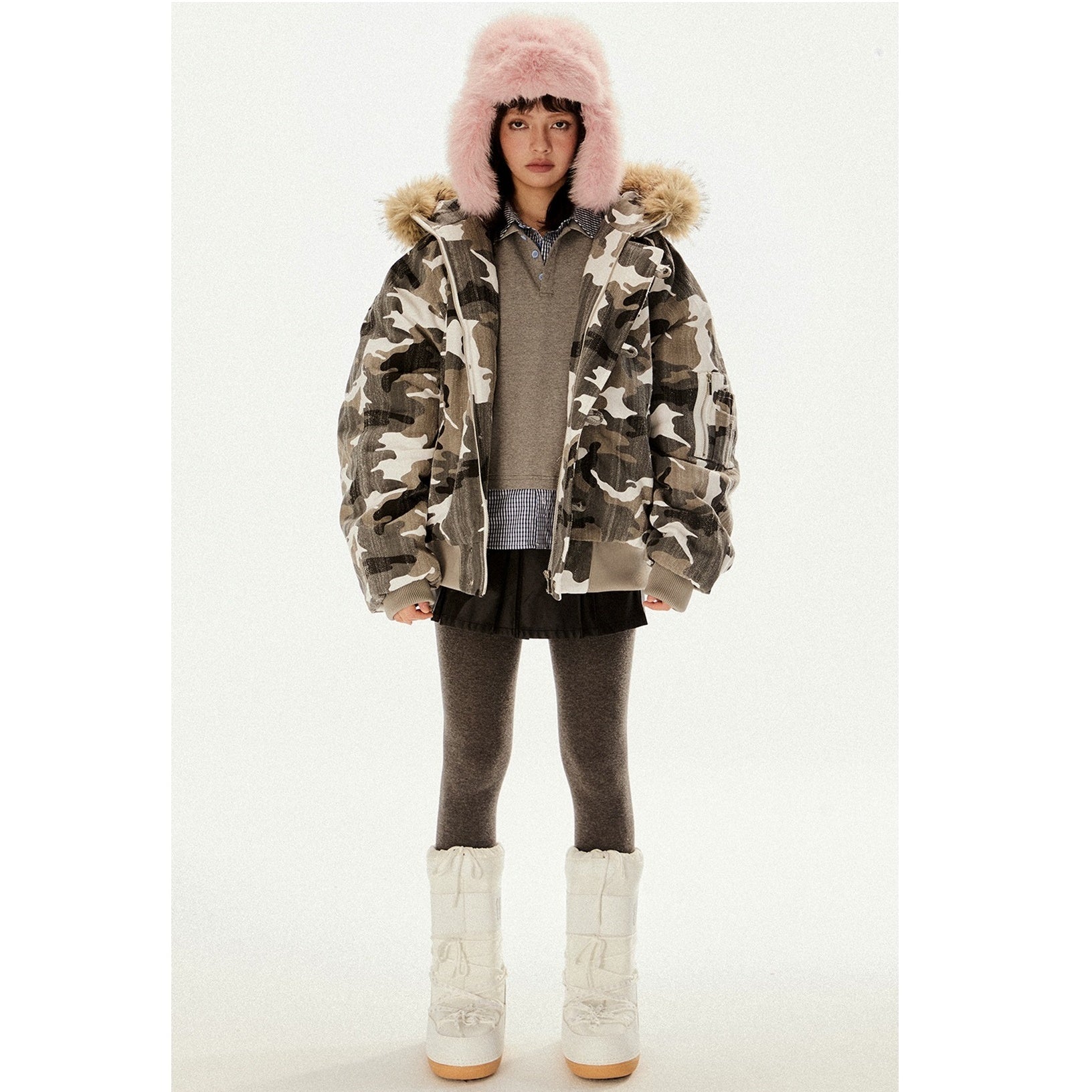 Fur Collar Hooded Camouflage Zipper Jacket EZ194