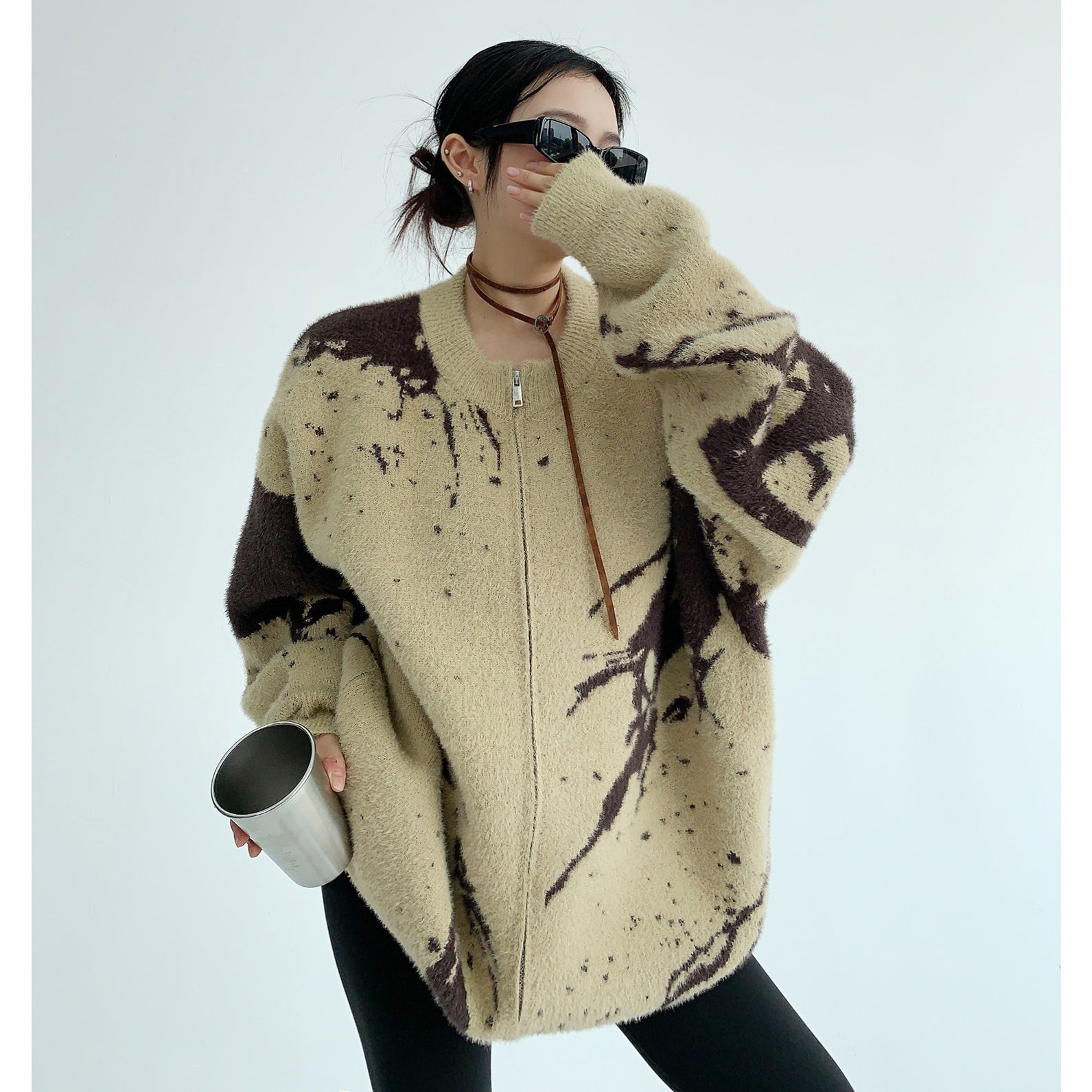 Round Neck Marble Design Loose Knitted Jacket MW9509