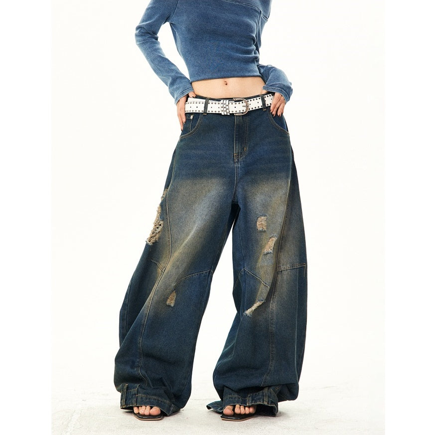 Retro Washed Ripped Stitch Design Loose Jeans YS7007