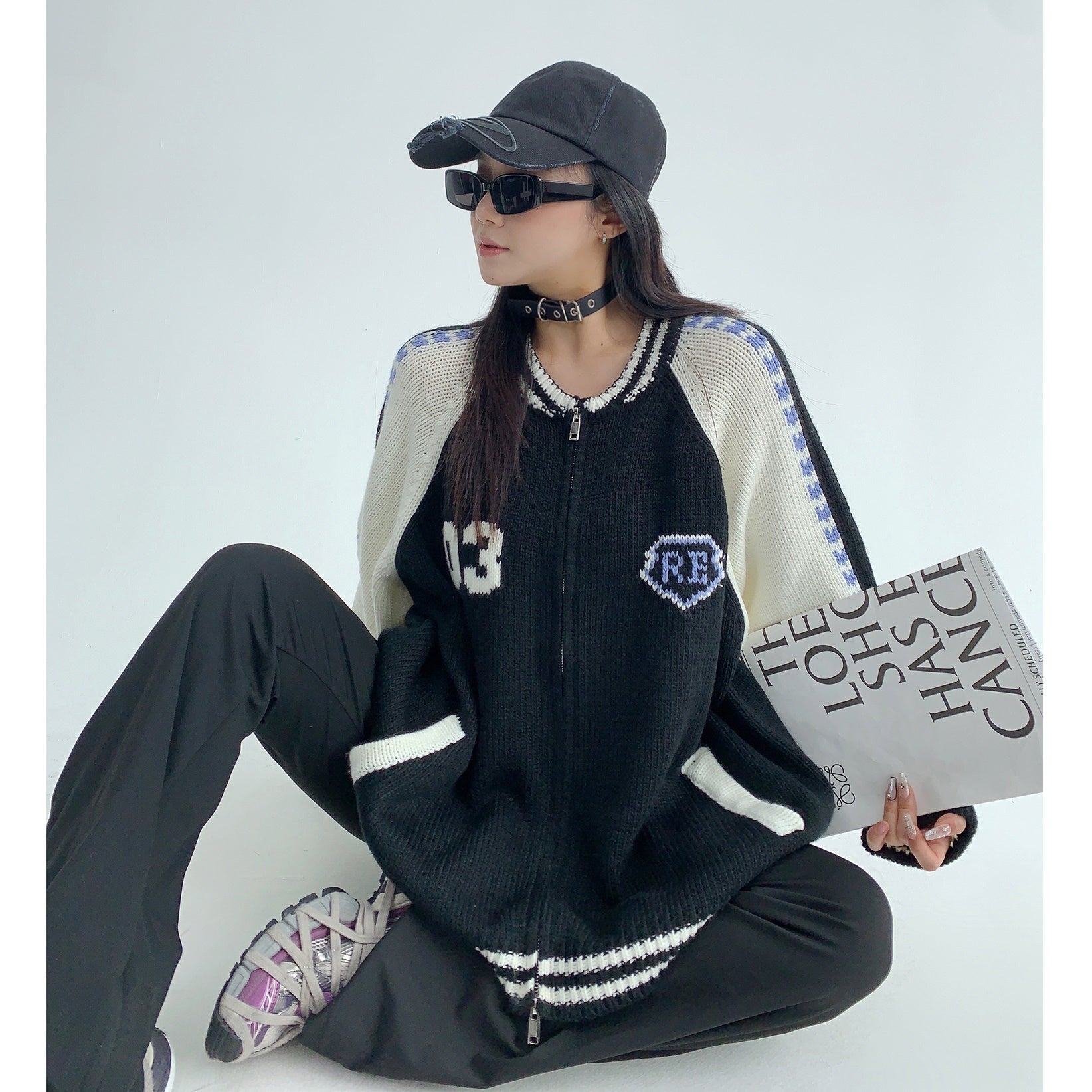 Thick Needle Contrast Knitted Zip Jacket MW9568