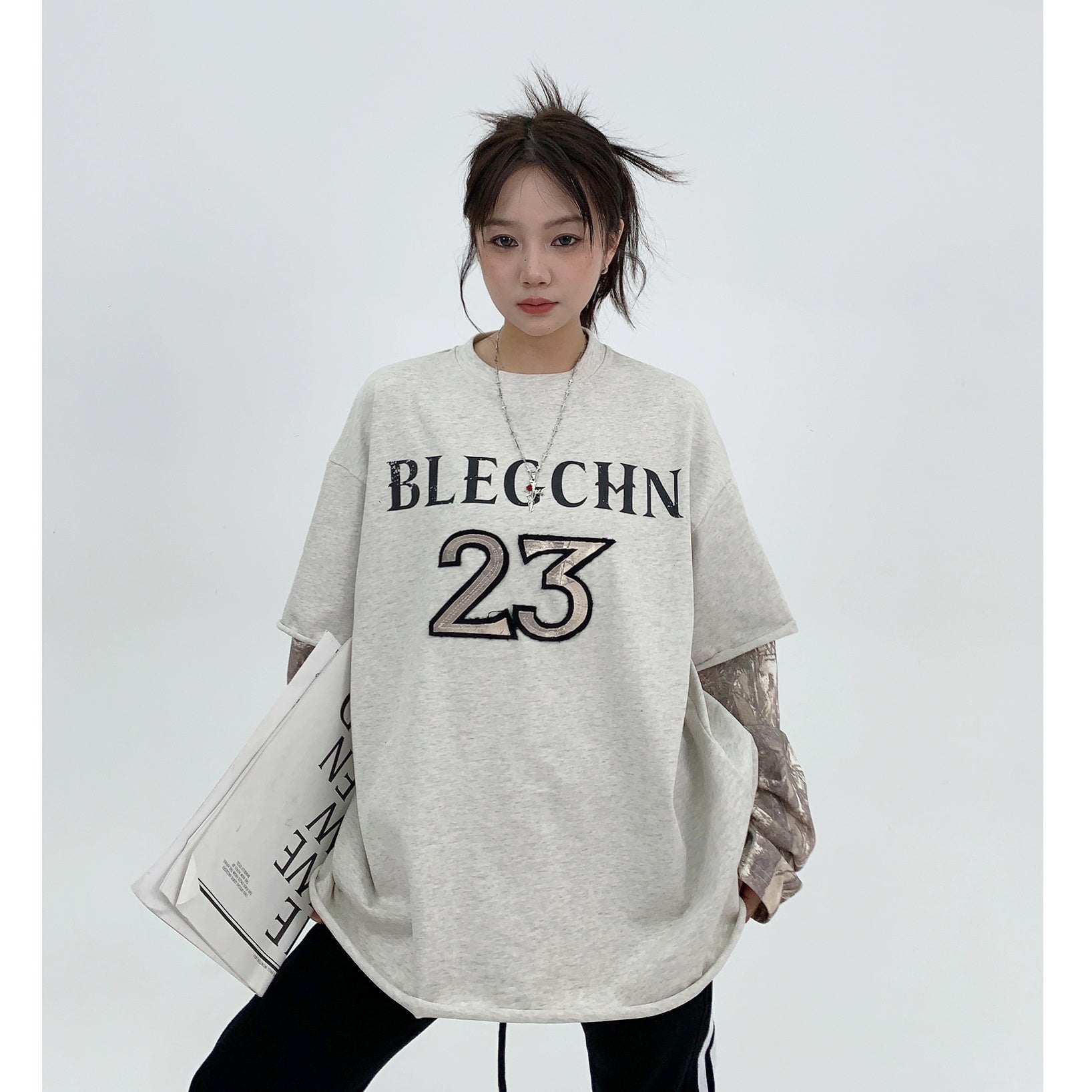 Fake Two-piece Patch Embroidery Long Sleeve T-shirt MW9821