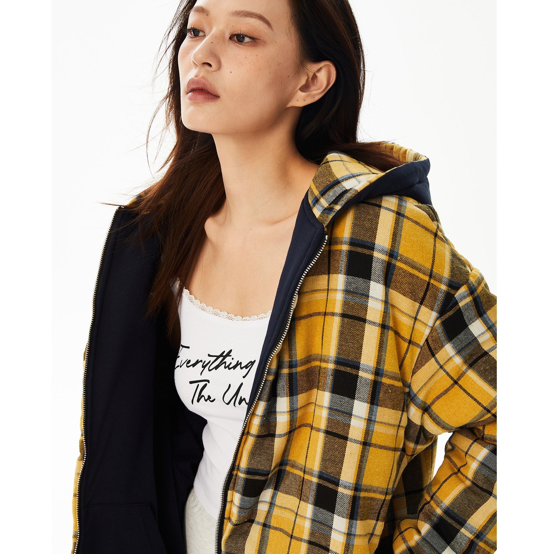 Reversible Plaid Hooded Zipper Jacket MW9732