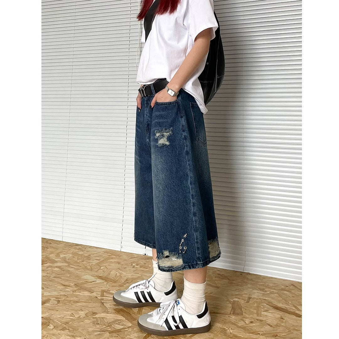 Frayed Design Denim Cropped Loose Short Pants