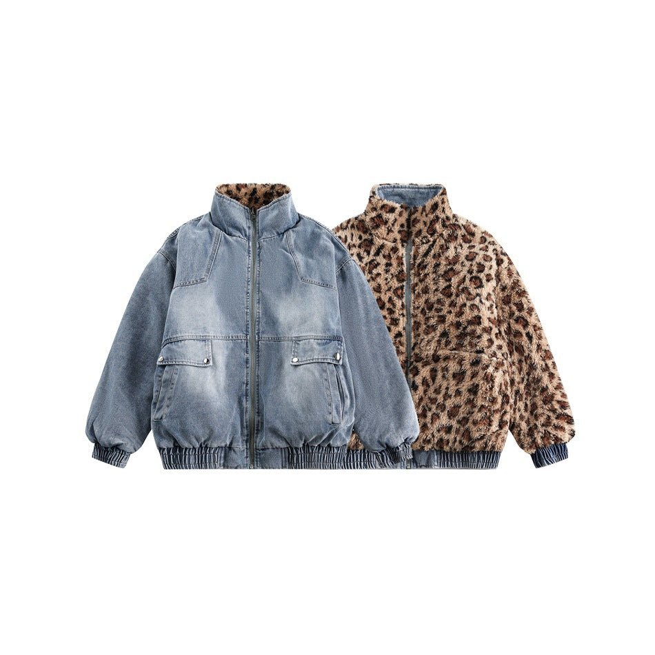 Reversible Leopard Print Stitched Denim Jacket MW9576