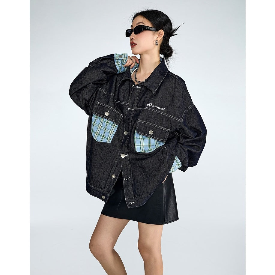 Plaid Patchwork Loose Denim Jacket MW9317