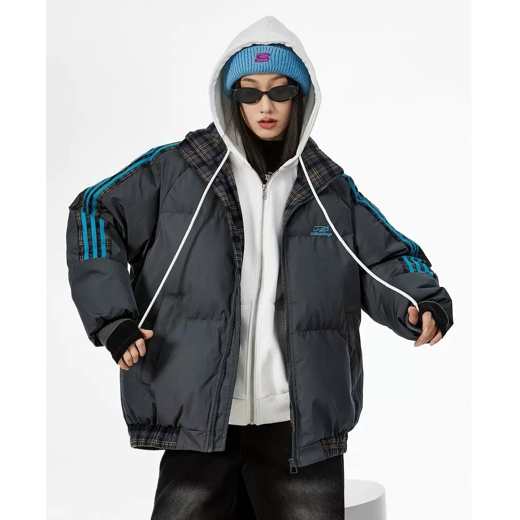 Contrast Check Striped Stand Collar Padded Jacket IC9003