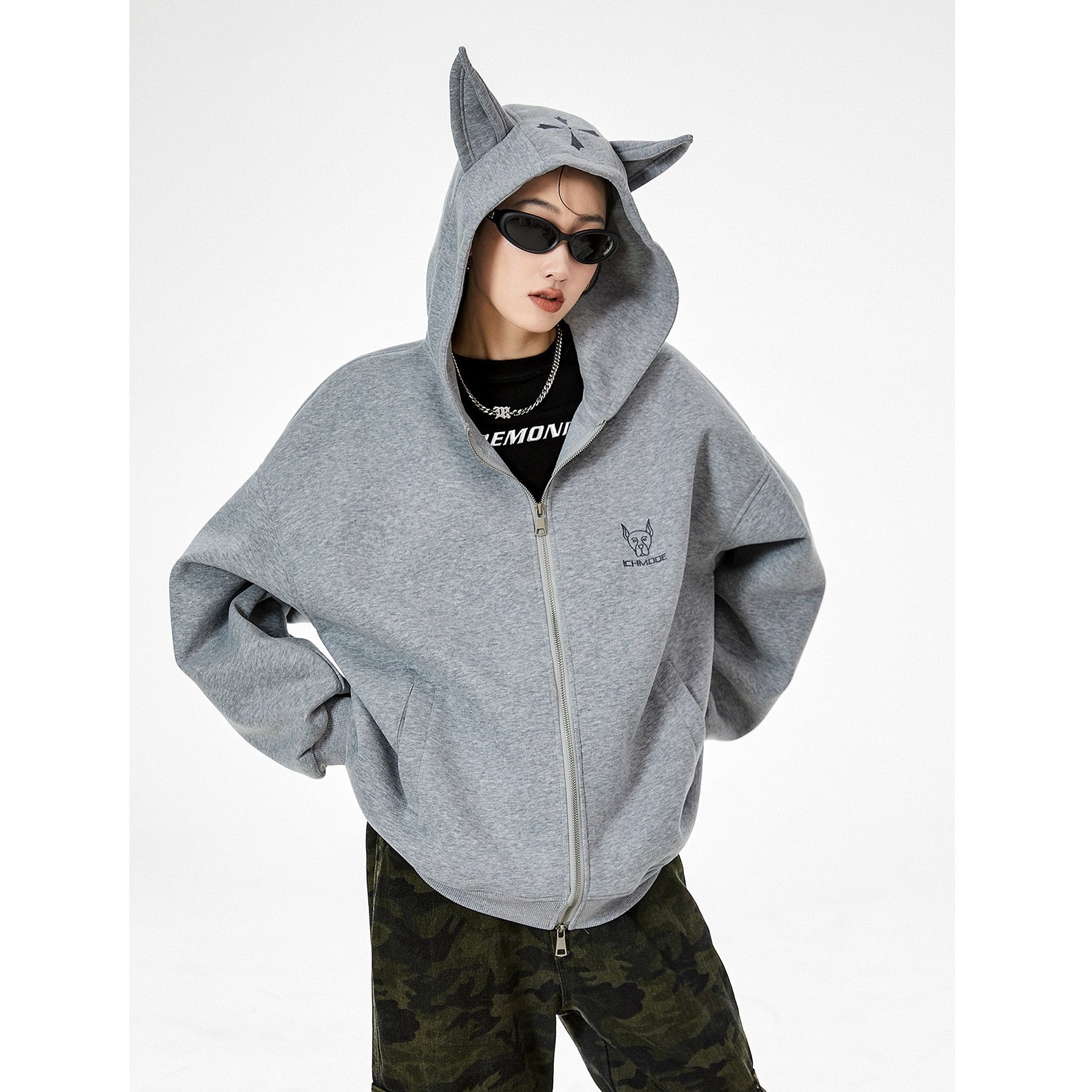 Doberman Ear Hooded ZIP-Up Sweat IC9004