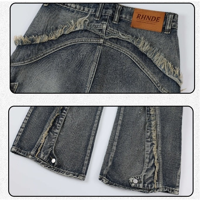 Wash Panels Raw Edge Loose Straight Jeans MW10062