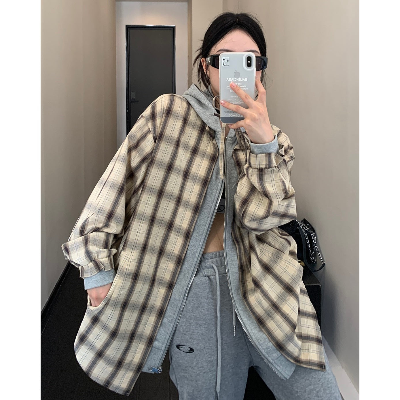 Plaid Fake Layered Sweat Hooded Shirts MW9305