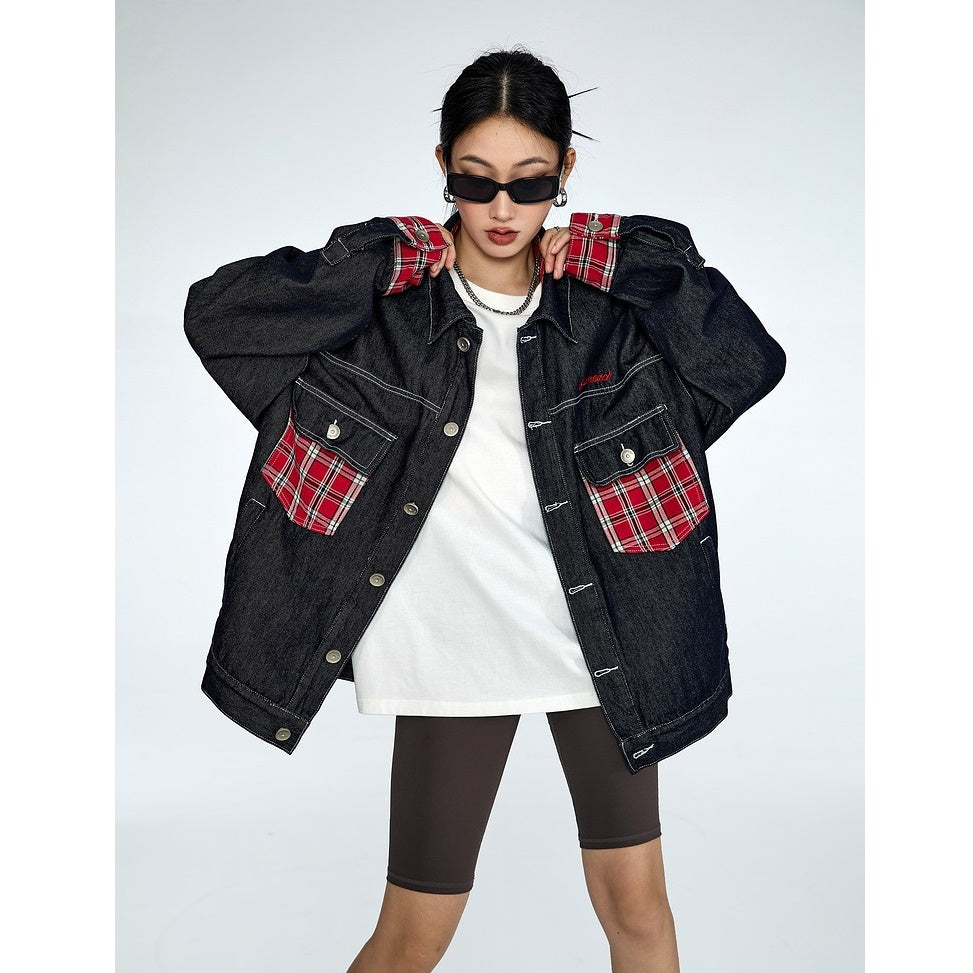 Plaid Patchwork Loose Denim Jacket MW9317