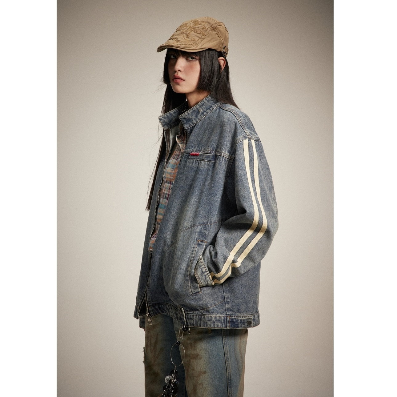 Stand Collar Vintage Wash Biker Denim Jacket SP7004