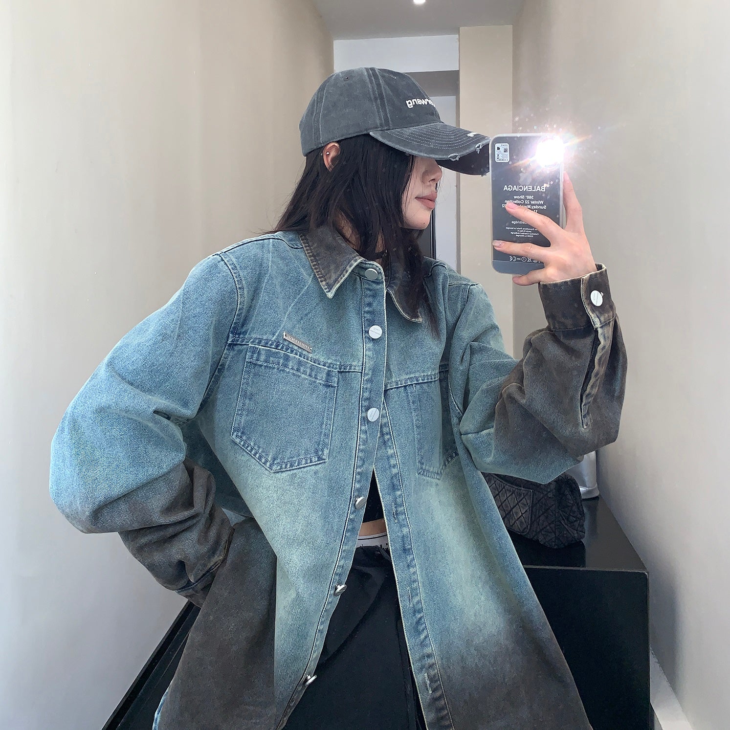 Washed Distressed Gradient Denim Shirt Jacket MW9306