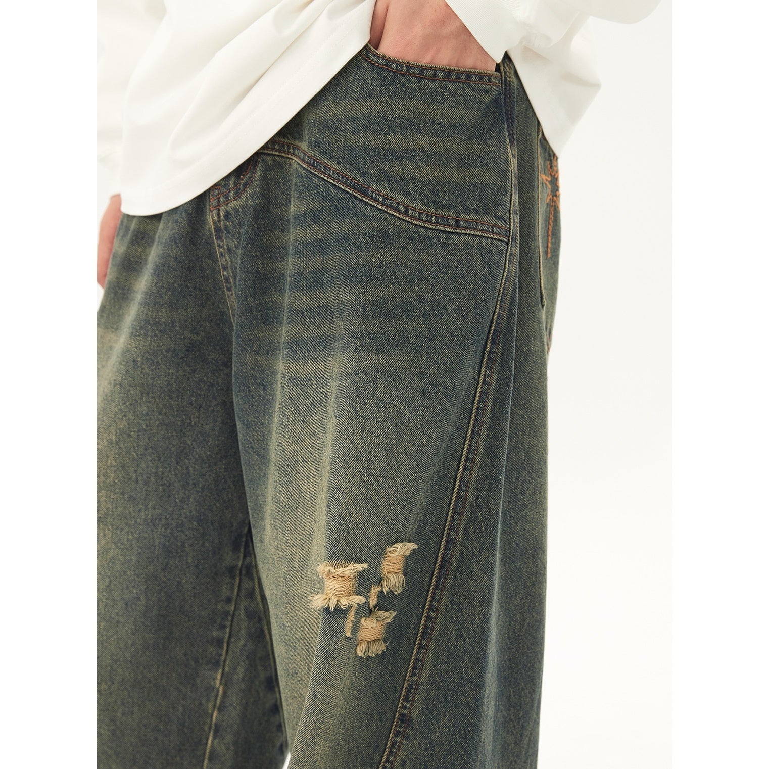 Retro Washed Ripped Straight Raw Edges Jeans NJ1002