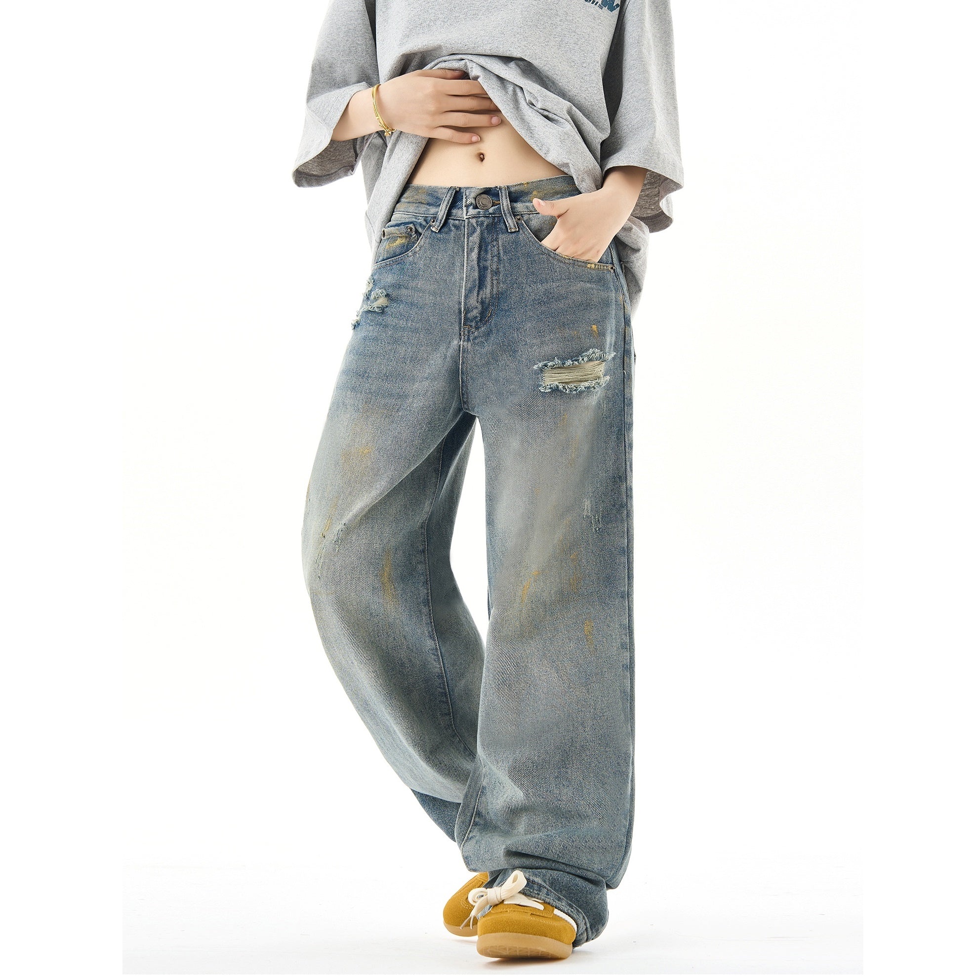 Vintage Washed Distressed Unisex Jeans HG7088