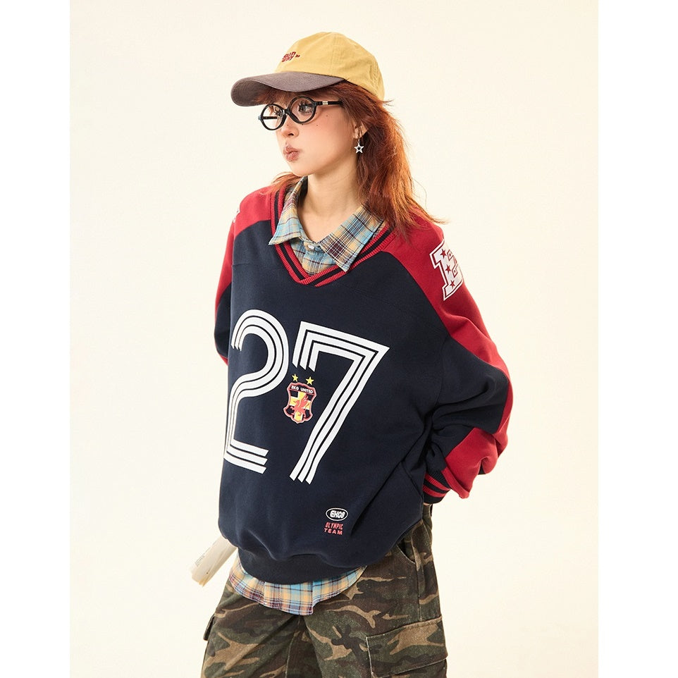 Letter Contrast V-neck Sports Sweat MW9425