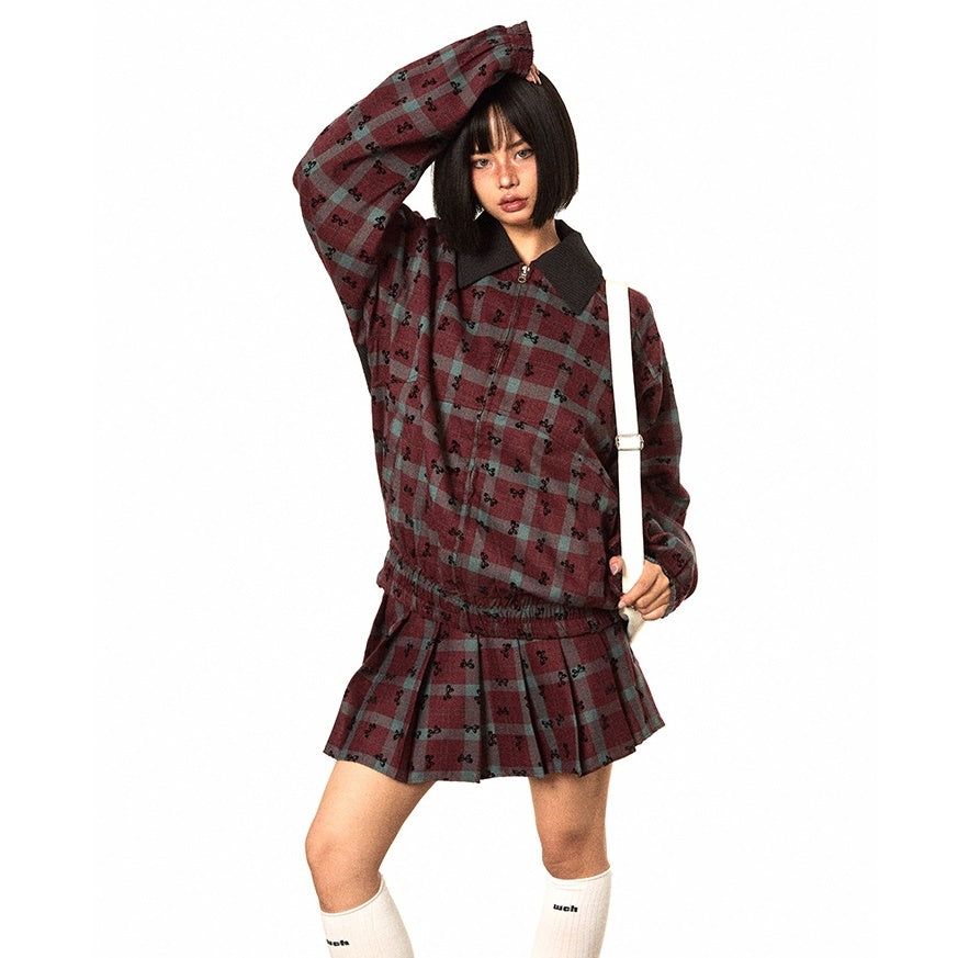 【上下別売り】Bow Print Contrast Plaid Jacket & Pleated Short Skirt Set-up MW9494