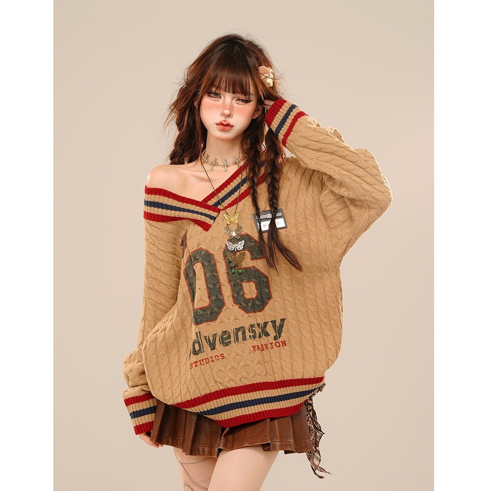 College Style Loose V-neck Cable Sweater KK2019