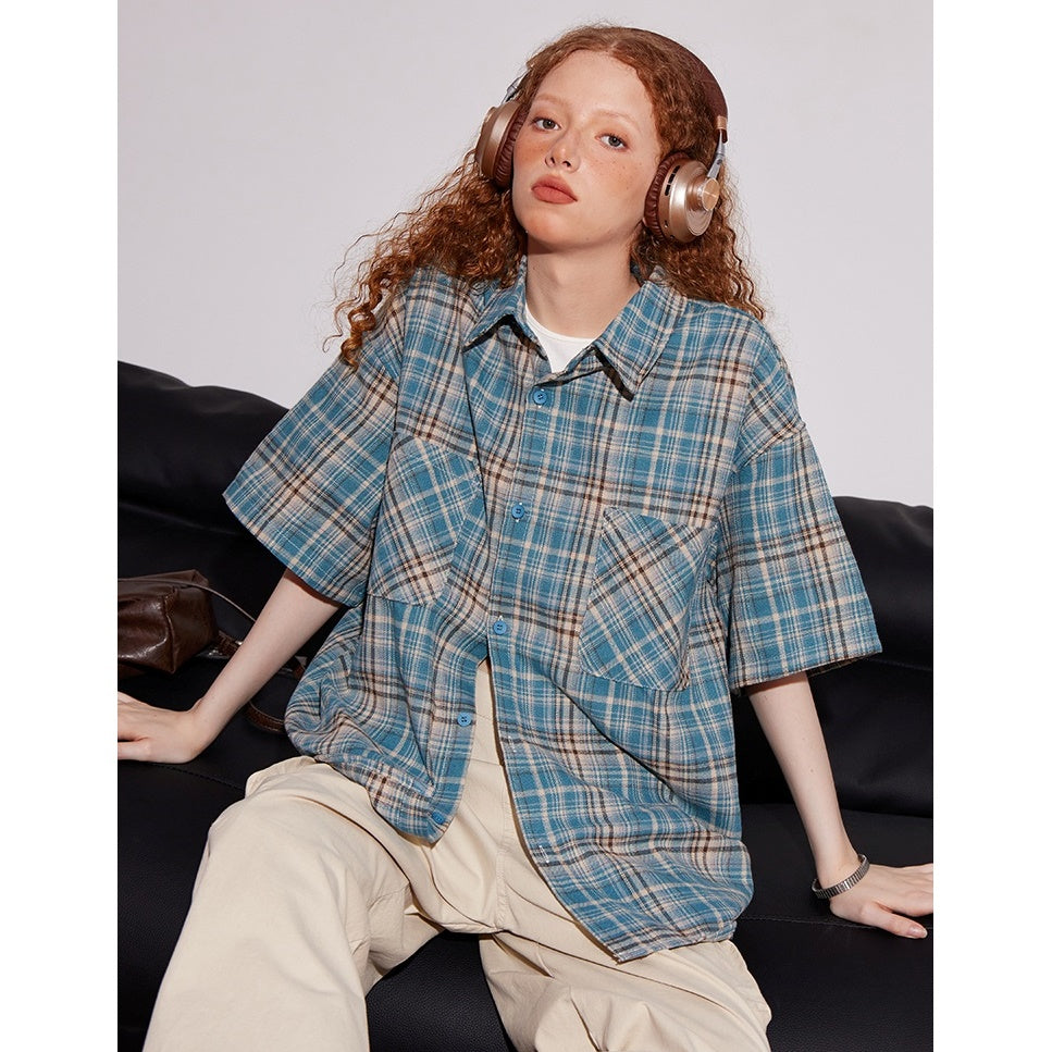 Retro Plaid Double Pocket Short Sleeve Shirt BT7012