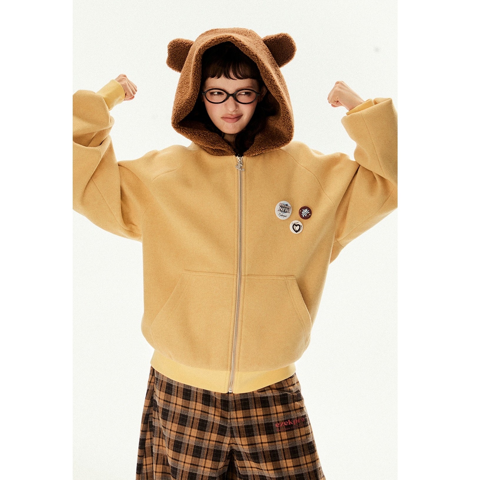 Raglan Sleeve Bear Design Hooded Zipper Jacket EZ196