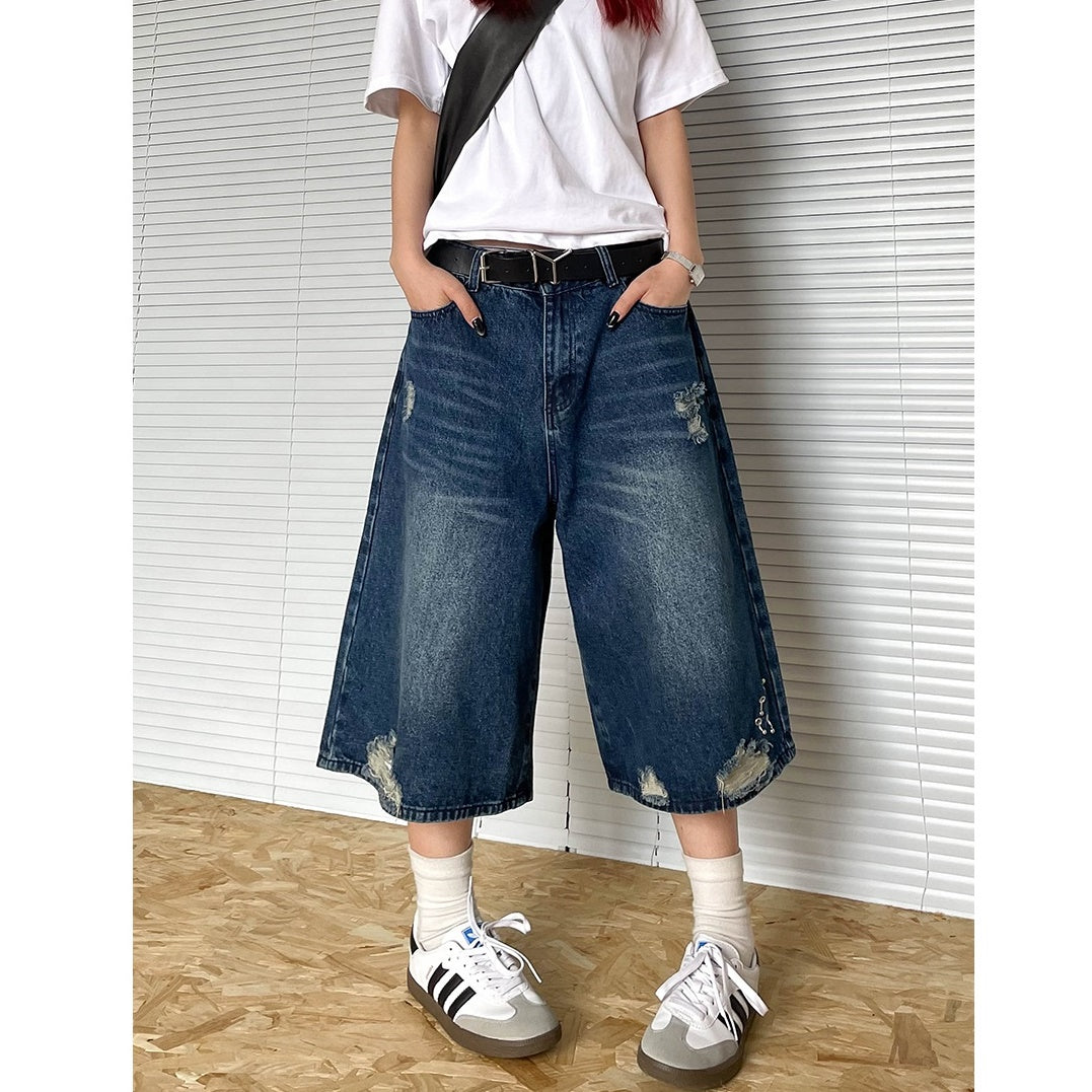 Frayed Design Denim Cropped Loose Short Pants