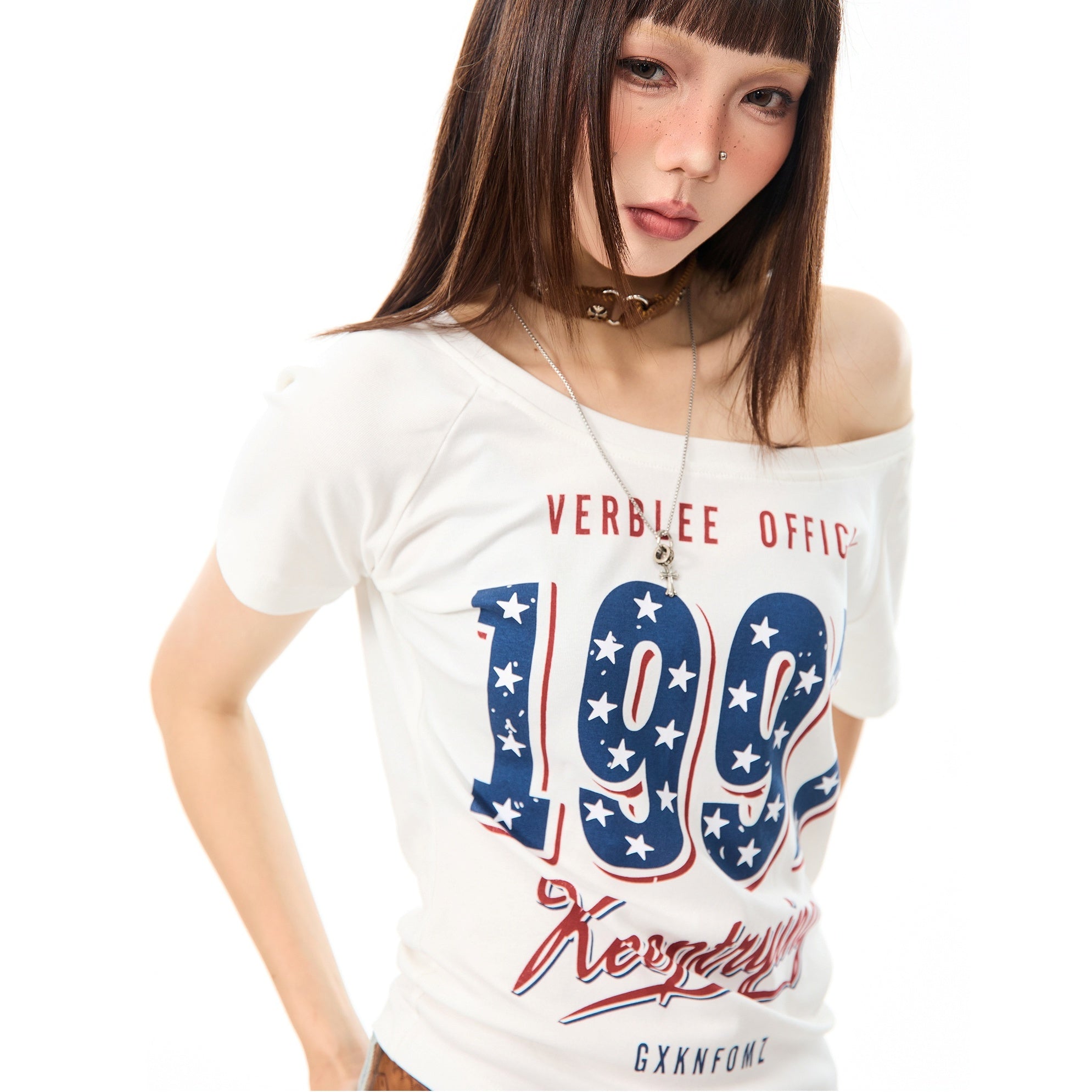 American Star Print Slanted Shoulder T-shirt MW10096