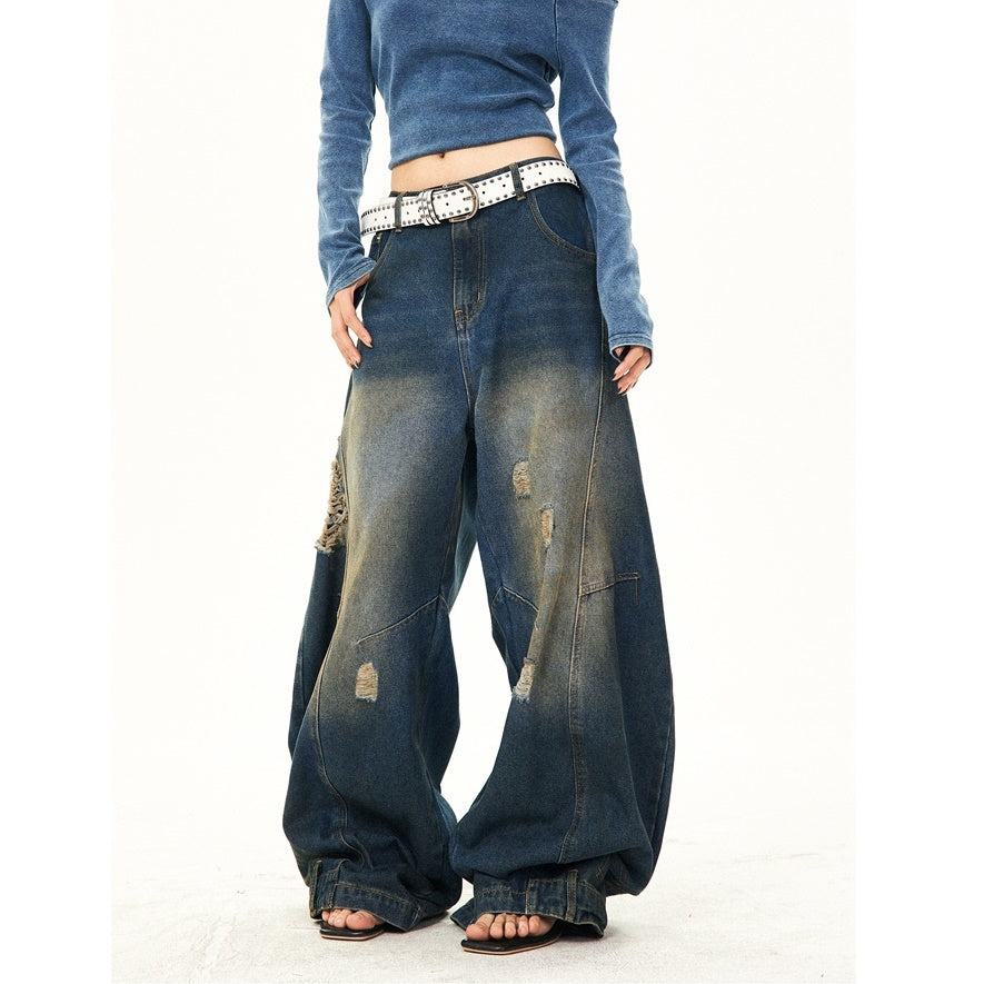 Retro Washed Ripped Stitch Design Loose Jeans YS7007