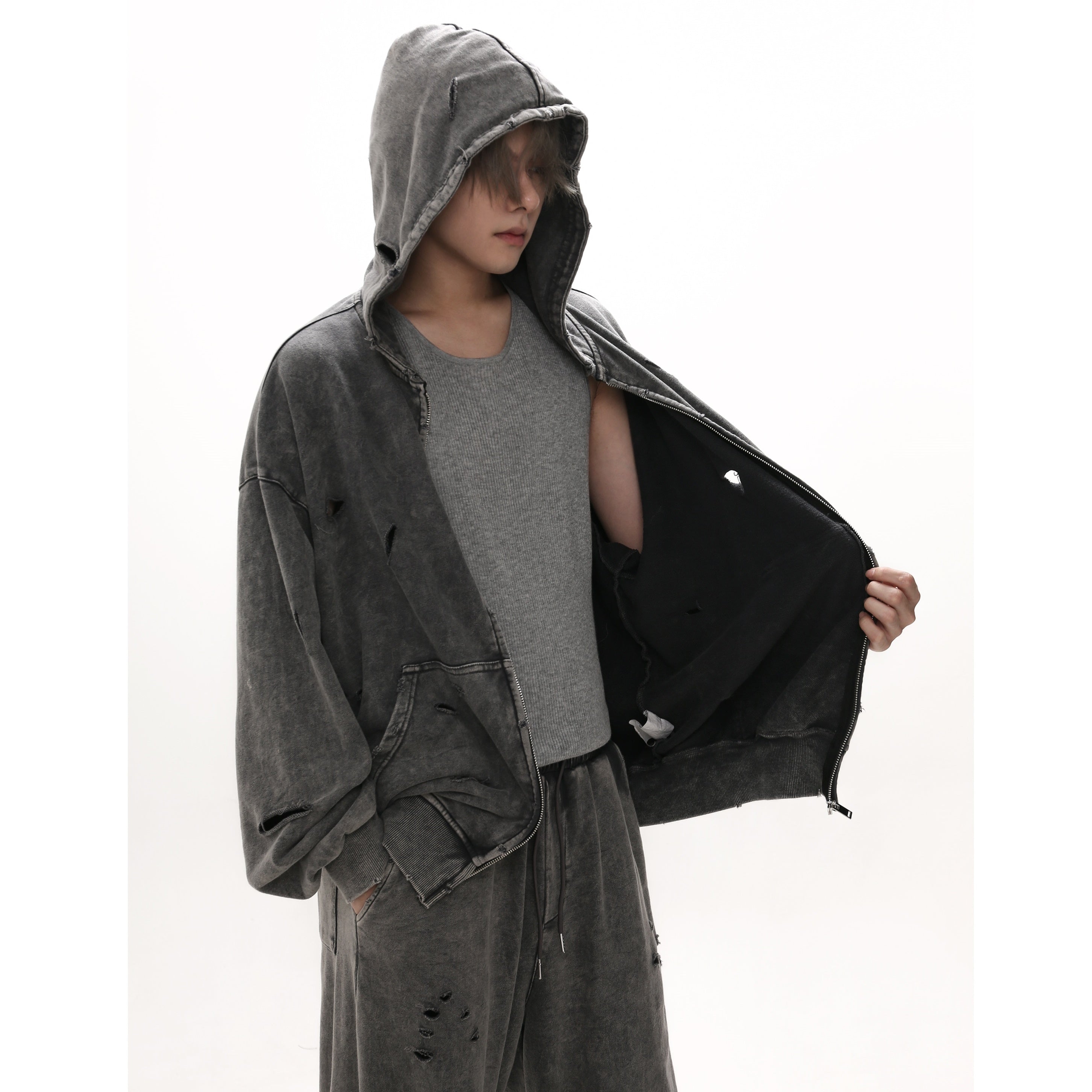 Ripped Distressed Hooded Sweat Parka GB7023