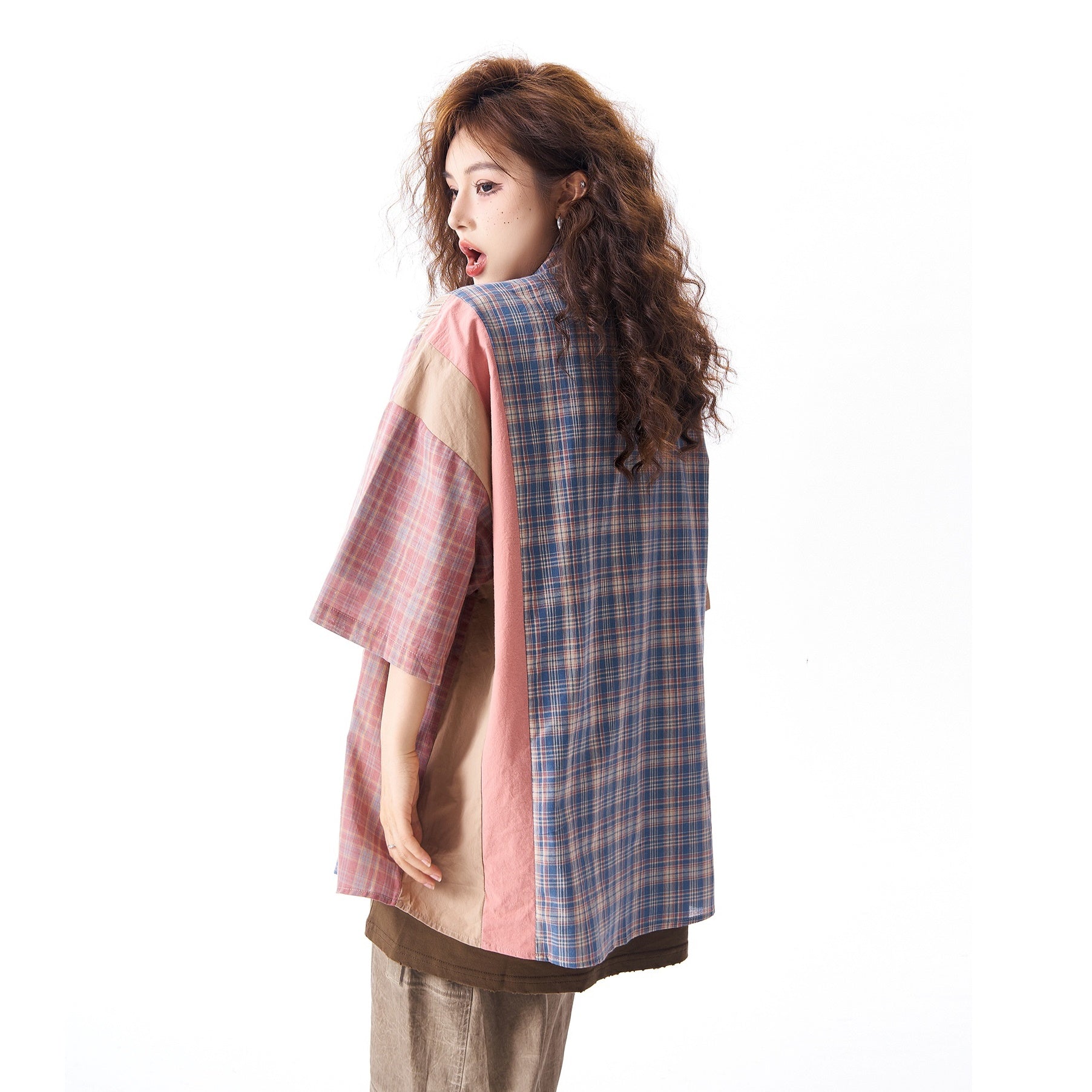 Stripe Plaid Patchwork Loose Short Sleeve Shirt HG7165