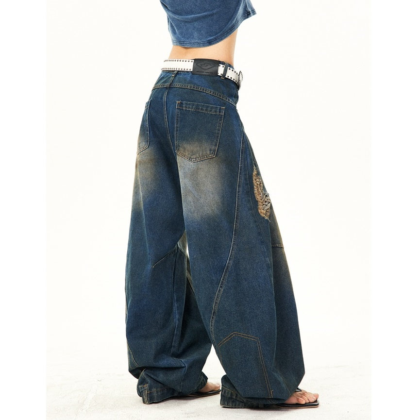 Retro Washed Ripped Stitch Design Loose Jeans YS7007